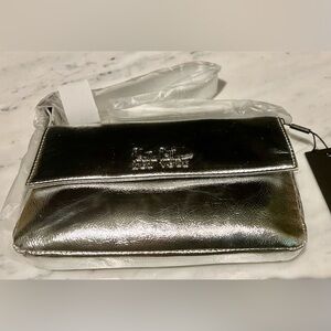 Nicole Miller Silver Vegan Leather Handbag Shoulder Bag w/ Magnetic Flap NWT $60